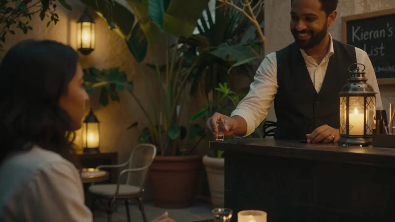 A bartender offering a free shot to a guest in a quiet garden lounge at dusk.