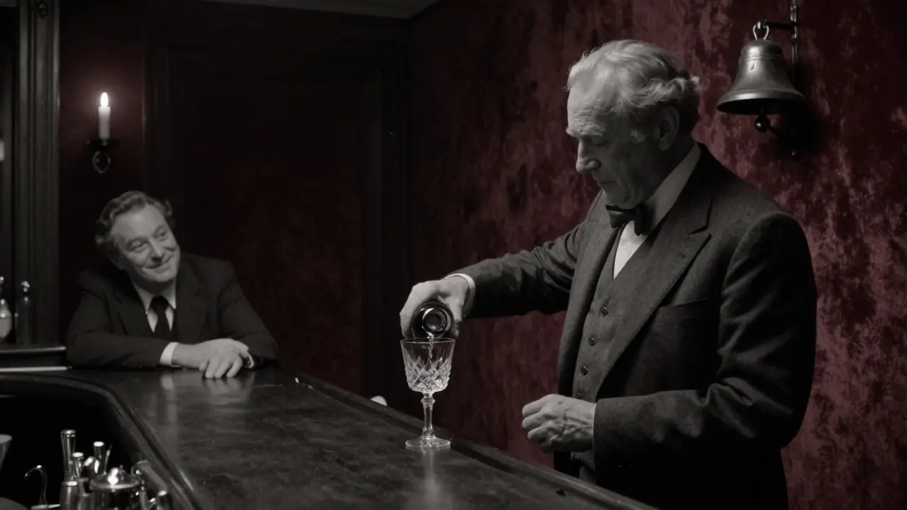 A candlelit hidden bar with velvet walls where someone is being served wine in quiet intimacy.