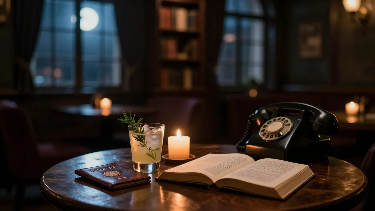 A candlelit speakeasy with a cocktail and password slip, no people, just quiet mystery in the shadows.
