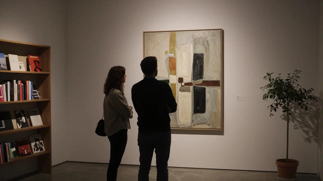 A client and companion viewing contemporary art in a Dubai gallery, immersed in quiet cultural exchange.