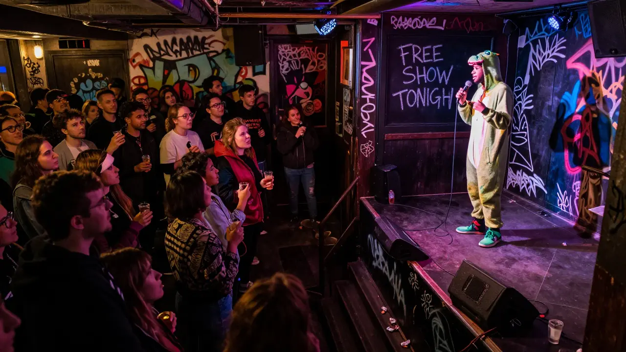 A comic in a dinosaur onesie performing in a hidden basement venue under a pub.