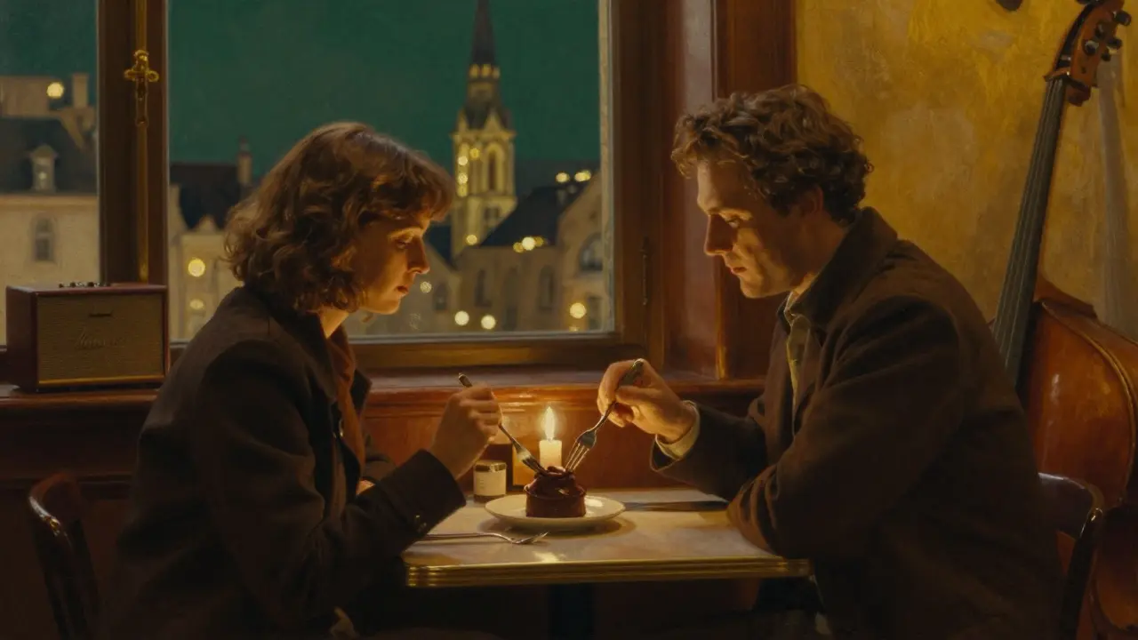 A couple shares a chocolate soufflé at a candlelit bistro, soft jazz playing in the background, window showing a church spire at night.