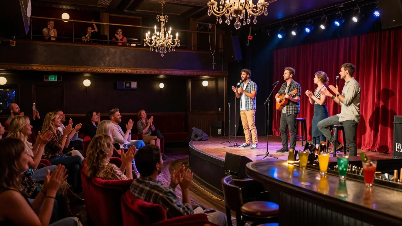A diverse group of comedians performing on a well-lit West End stage with a smiling audience.
