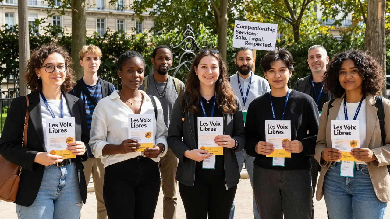 A diverse group of escort providers holding safety materials in a sunlit Parisian park, united under advocacy.