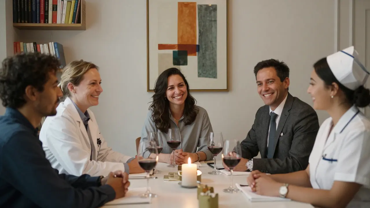 A diverse group of professionals sharing a heartfelt, non-romantic moment over dinner in a quiet, candlelit private room.