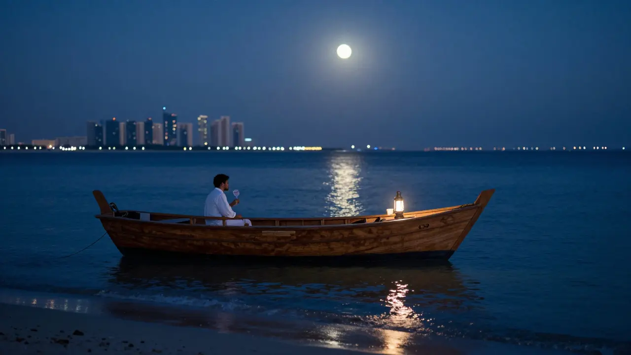 A floating dhow bar at night on Dubai's coast, with a single guest watching the moon on calm water.
