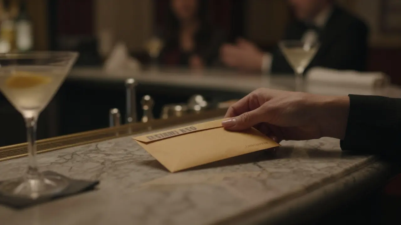 A hand placing cash on a bar counter in a stylish Milan lounge, cocktail nearby.