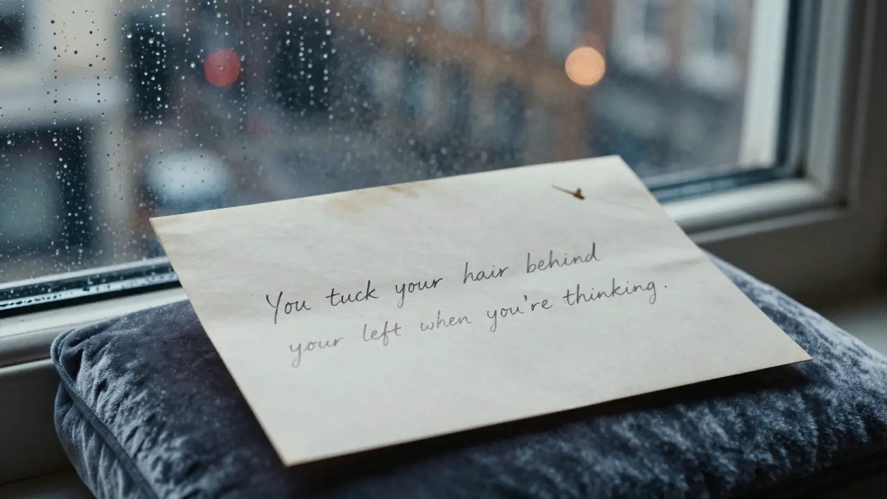 A handwritten letter on cream paper with soft rain blurring London lights outside the window.