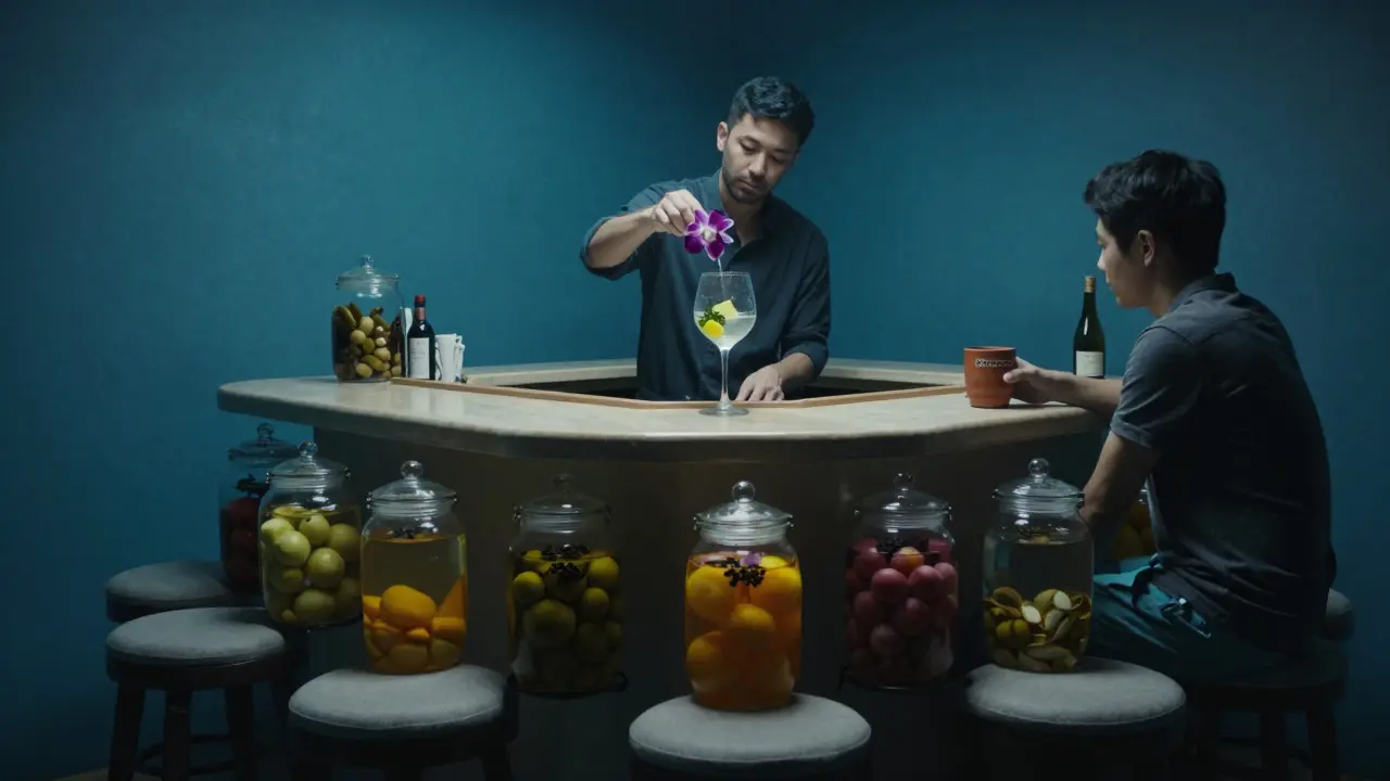 A hidden bar behind a sushi counter, a cocktail with an edible orchid floating in a glass jar-lined room.