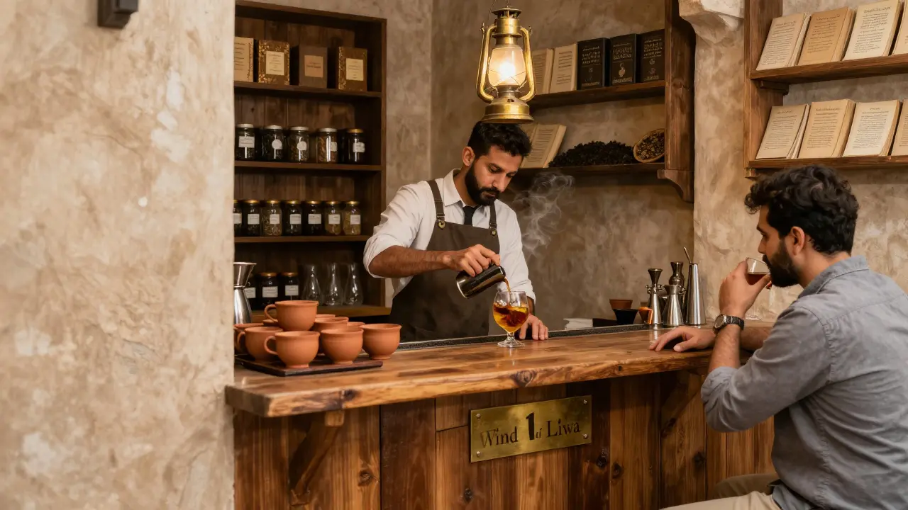 A hidden bar under a tea house with a brass plaque reading '11', crafting a poetic cocktail in clay cups.
