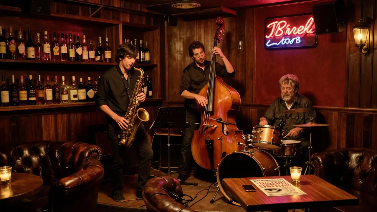 A hidden jazz club in a basement with a live band playing in warm, dim lighting and leather seating.