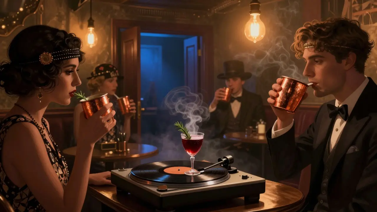 A hidden jazz den with copper cups, smoked rosemary, and vintage records under warm amber lights.