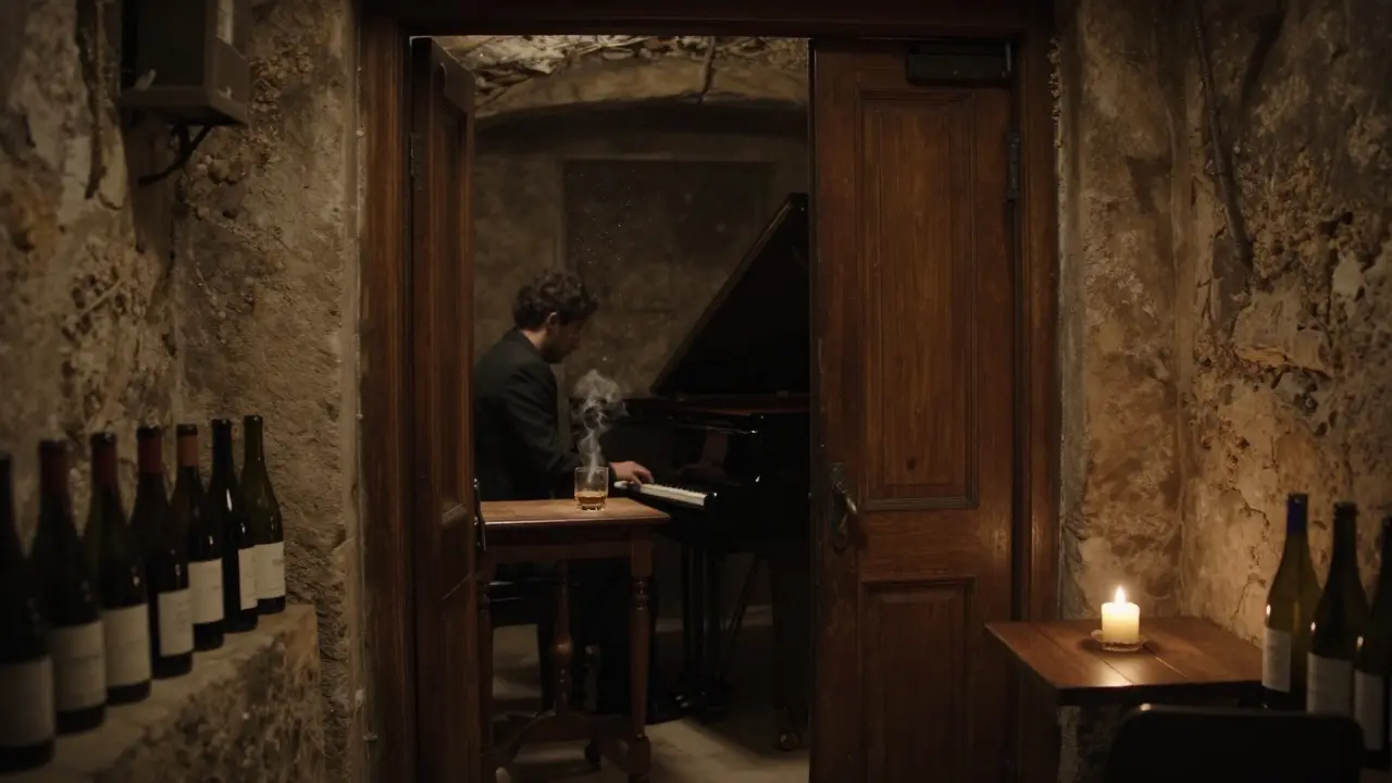 A lone pianist plays a grand piano in a candlelit wine cellar lounge, a single glass of whiskey on the table.