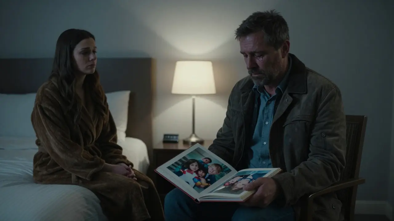A man holding a photo album while crying, a woman sitting nearby listening silently in a hotel room.