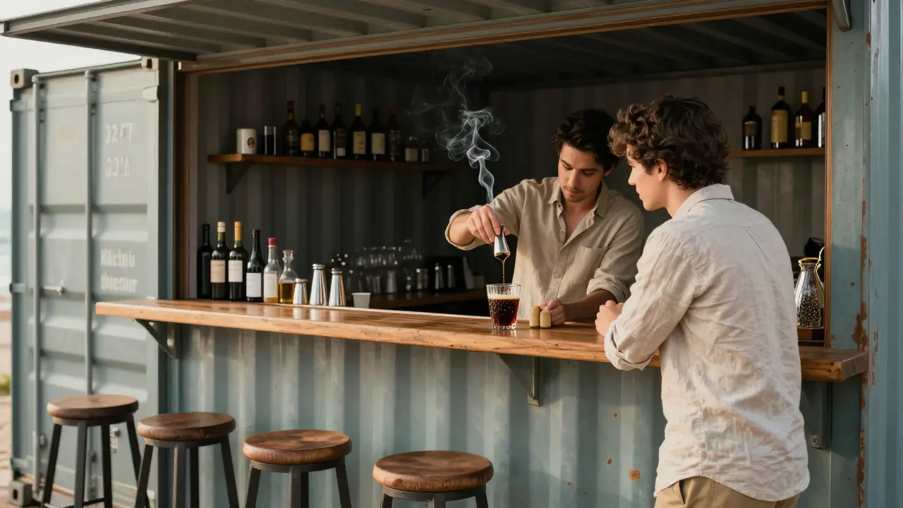 A minimalist 72°F bar with seven stools, where a bartender crafts a personalized drink from a guest's memory.