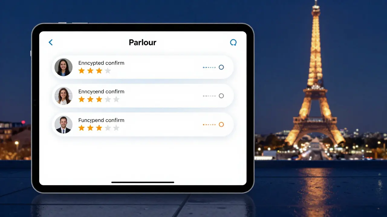 A modern app interface showing verified profiles and encrypted payments, with Paris skyline in the background.