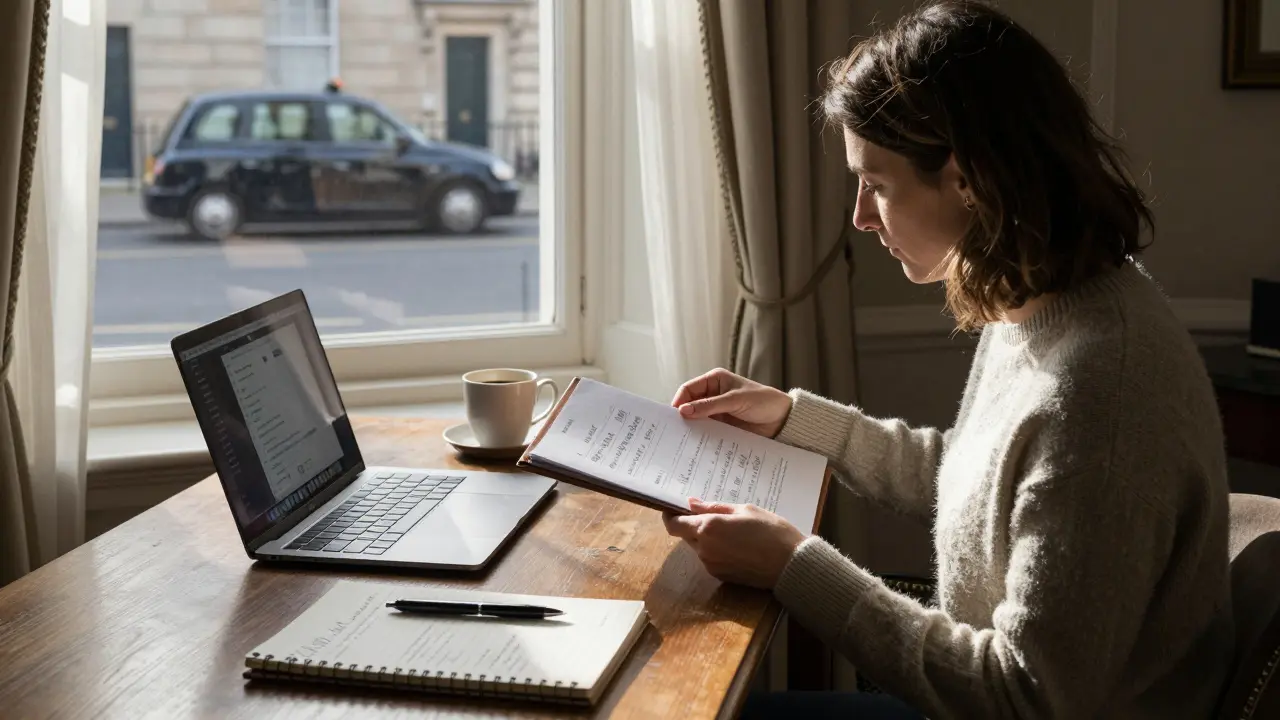 A professional companion reviewing client details in a sunlit study, surrounded by books and encrypted devices.