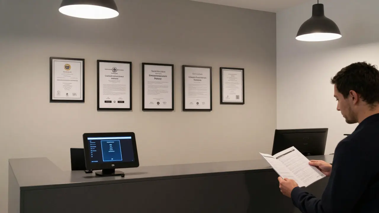 A professional escort agency office with visible safety and confidentiality policies, lit by soft modern lighting.