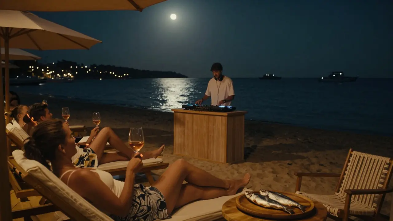 A quiet beach club at midnight with couples resting on daybeds under moonlit waters.