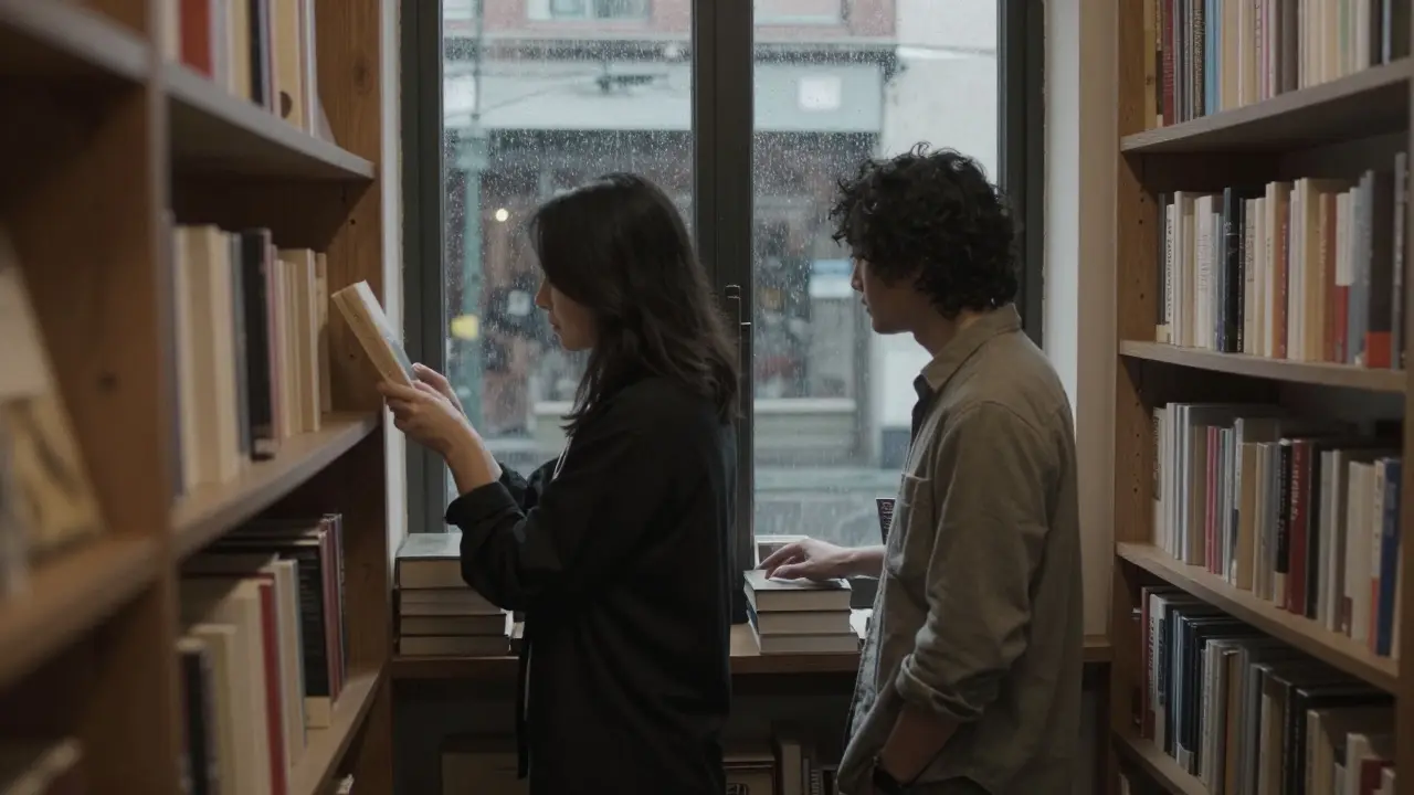 A quiet moment in a closed bookshop, two figures browsing shelves together in soft lamplight, rain on the windows.