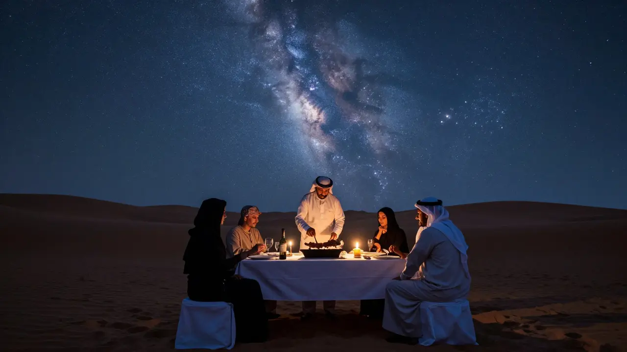 A quiet private dinner under the stars in the desert, lit only by candles and moonlight.