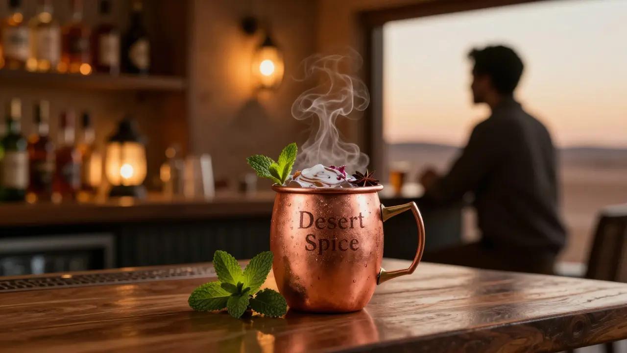 A signature Desert Spice cocktail in a copper cup with mint and warm ambient lighting at Al Marfa bar.