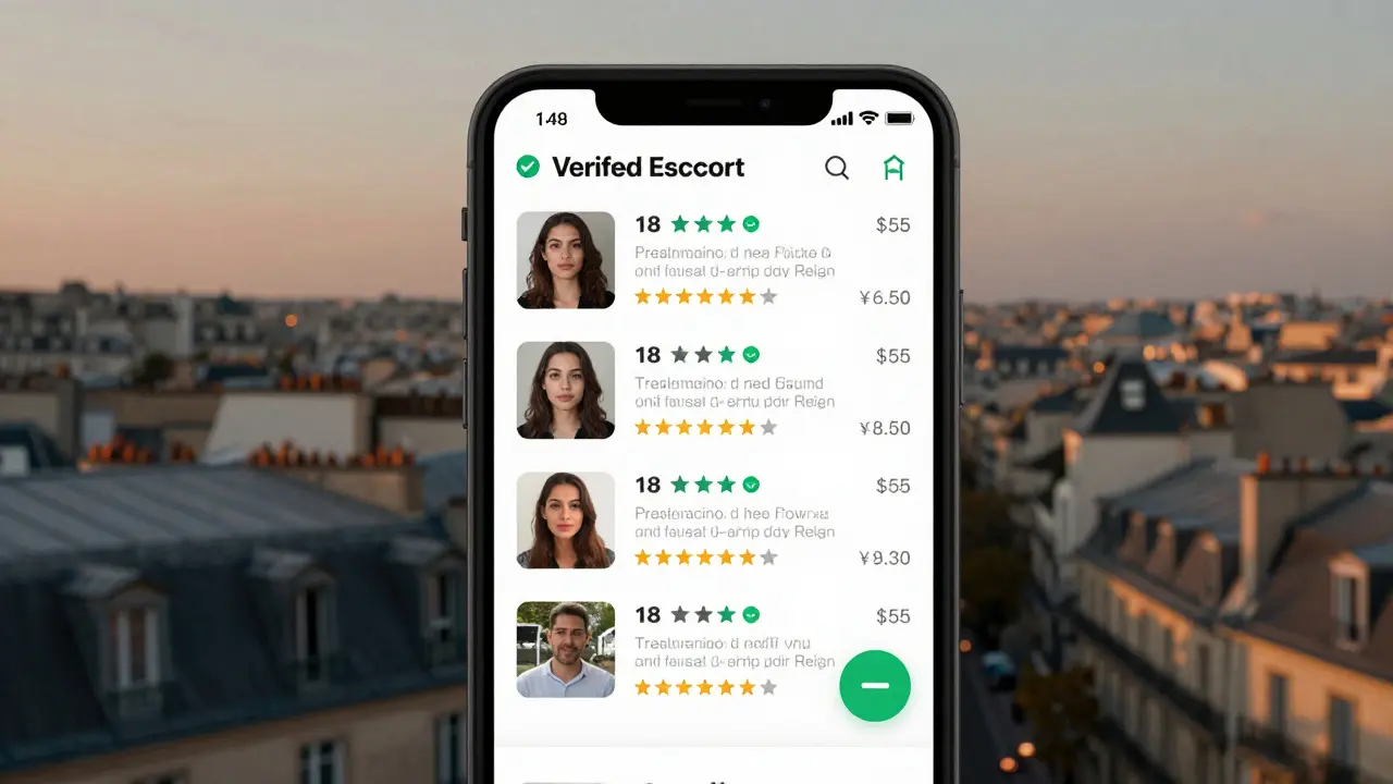 A smartphone screen displaying a verified escort profile with reviews and video call option, highlighting trust and transparency.