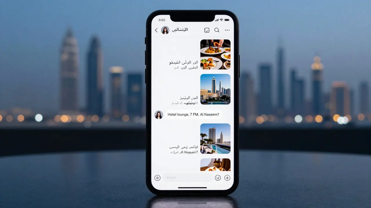 A smartphone screen displaying private Instagram messages with luxury travel photos, no contact details visible.