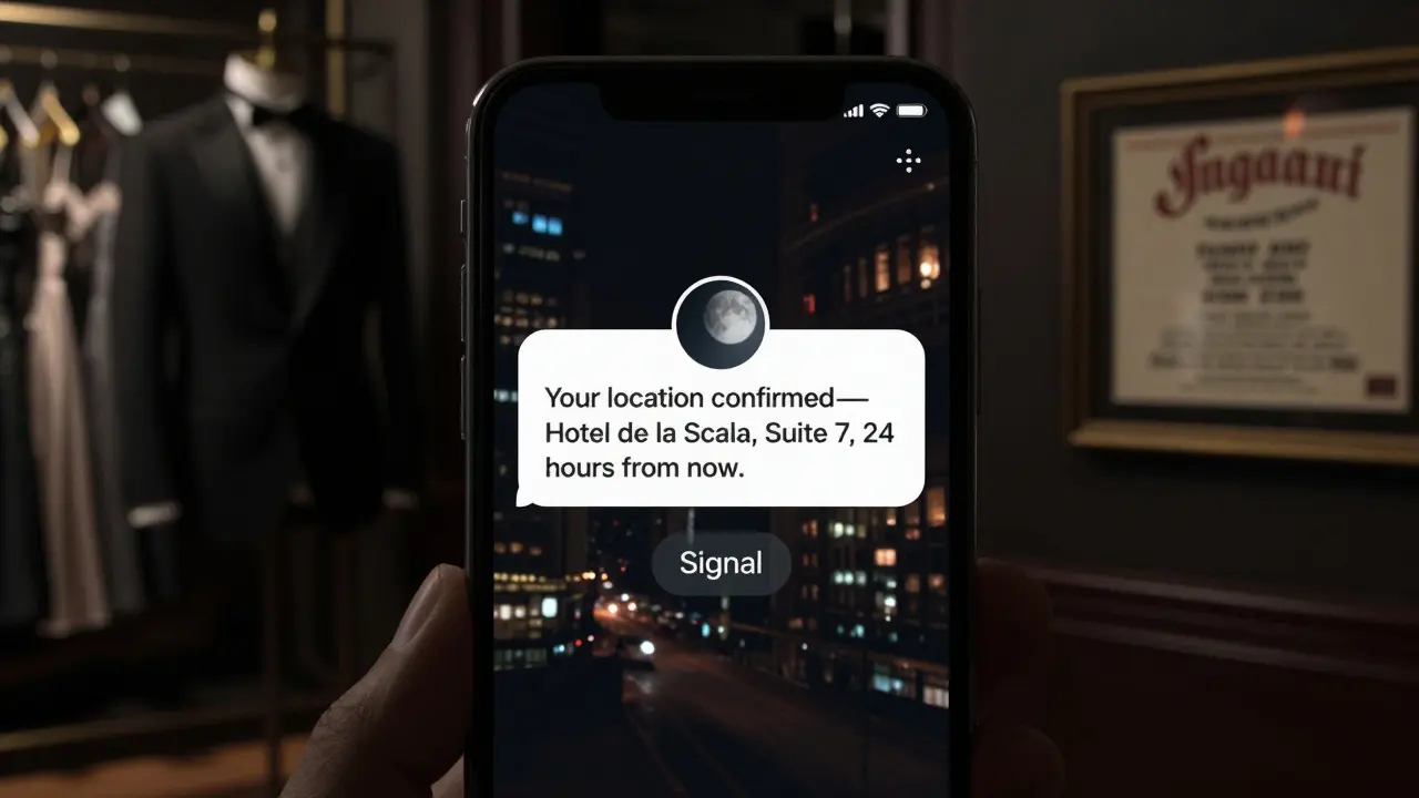 A smartphone screen showing an encrypted message confirming a private meeting location in Milan, with city lights reflecting on glass.