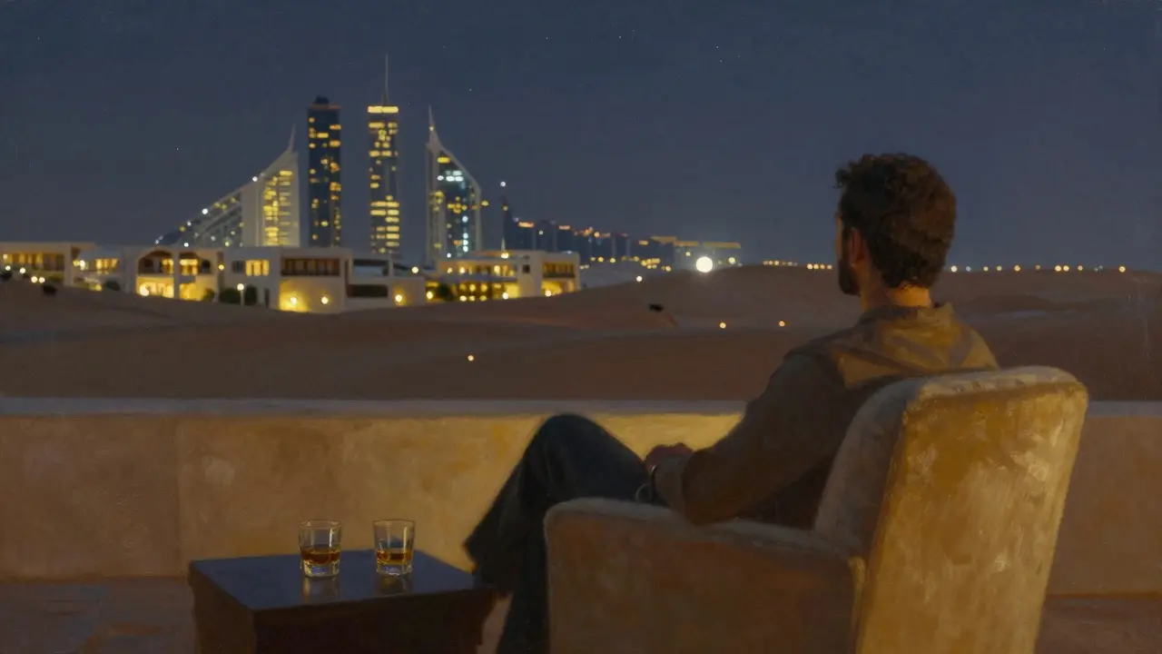 A solitary figure on a desert rooftop at midnight, gazing at Abu Dhabi’s glowing skyline under a starry sky.