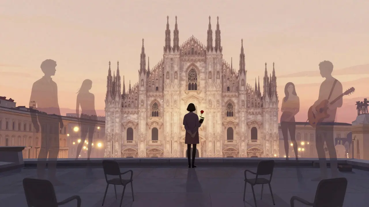 A solitary figure on a Milan rooftop at sunset, surrounded by ghostly silhouettes of companions, holding a rose and book.