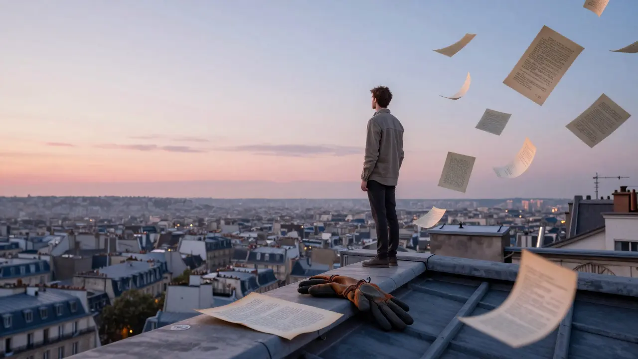 A solitary figure stands on a hidden rooftop at sunrise, Paris below woven from floating pages, with gloves left behind on the ledge.
