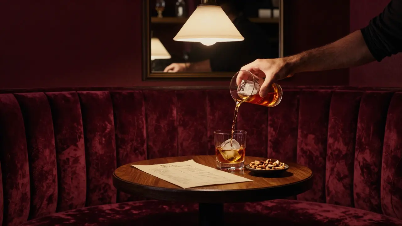 A velvet room with deep burgundy walls, a bartender pouring a handcrafted Old Fashioned under warm light.