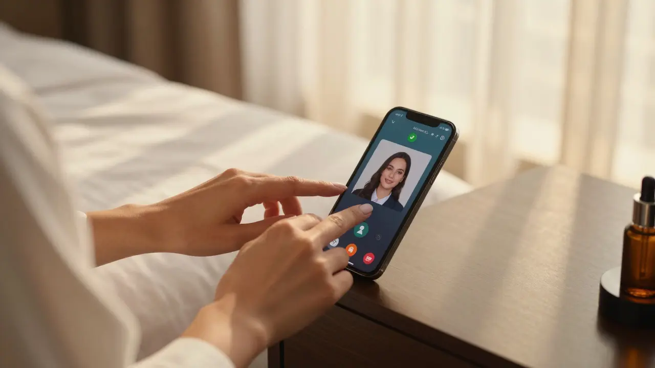 A woman's clean hands and smartphone showing a verified video call in a hotel room.