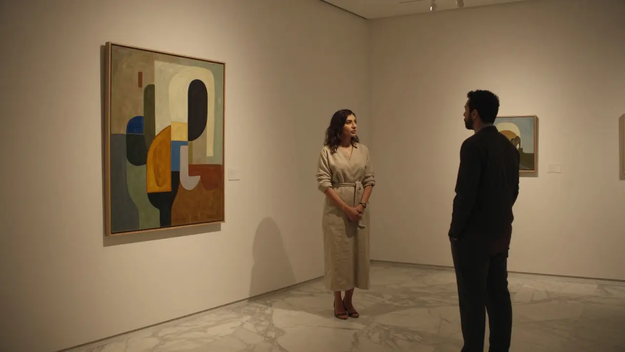A woman and visitor silently appreciating art in a private Abu Dhabi gallery at night.