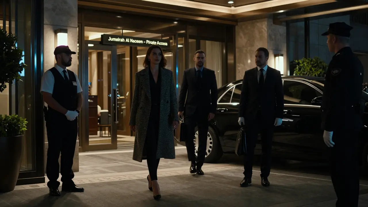 A woman exiting a high-security Dubai hotel entrance at night, accompanied by a man, under watchful security.