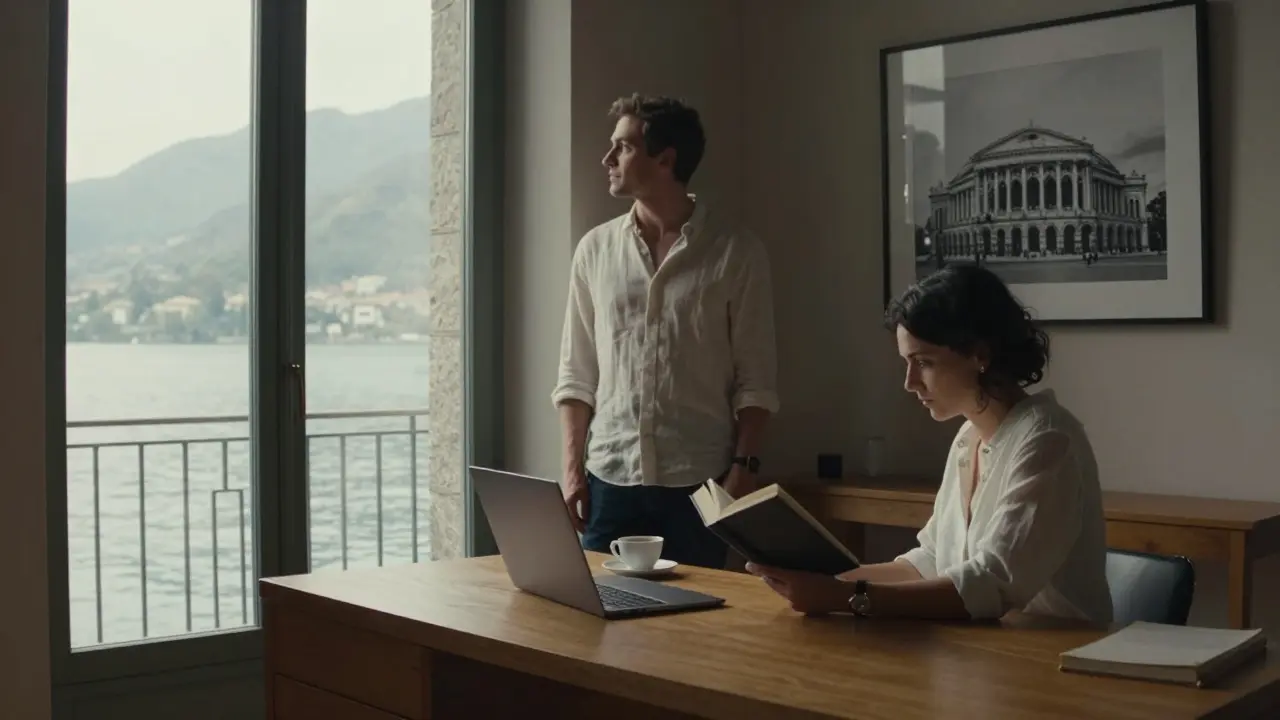 A woman reading in a sunlit lakeside study, a man standing silently by the window.