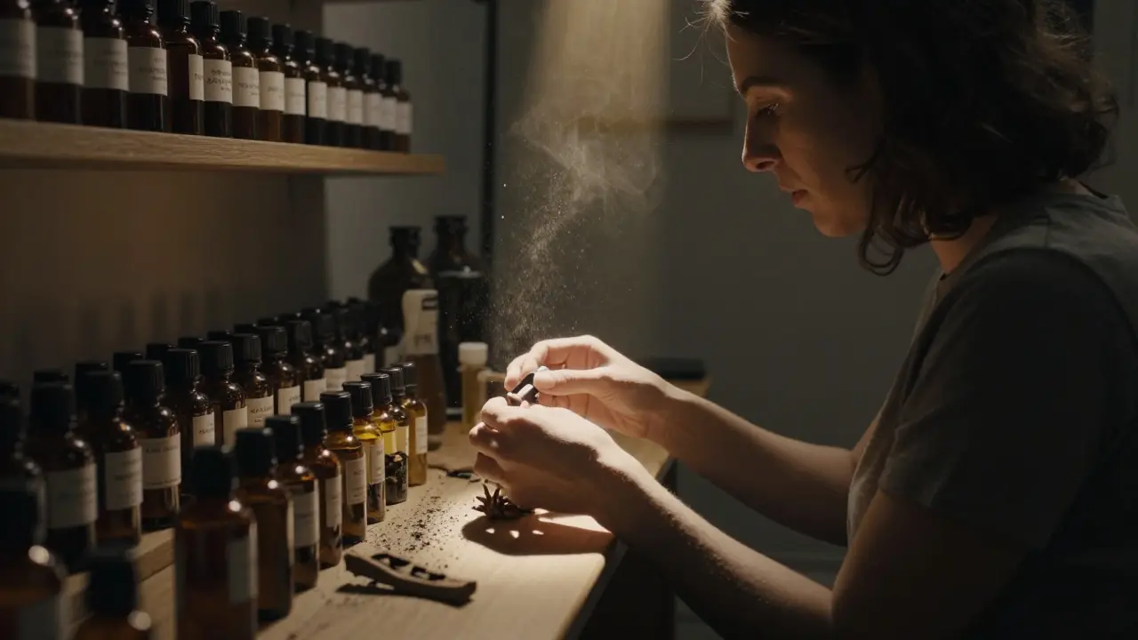 A woman selecting perfume notes in a dimly lit London studio, hands focused on glass vials.