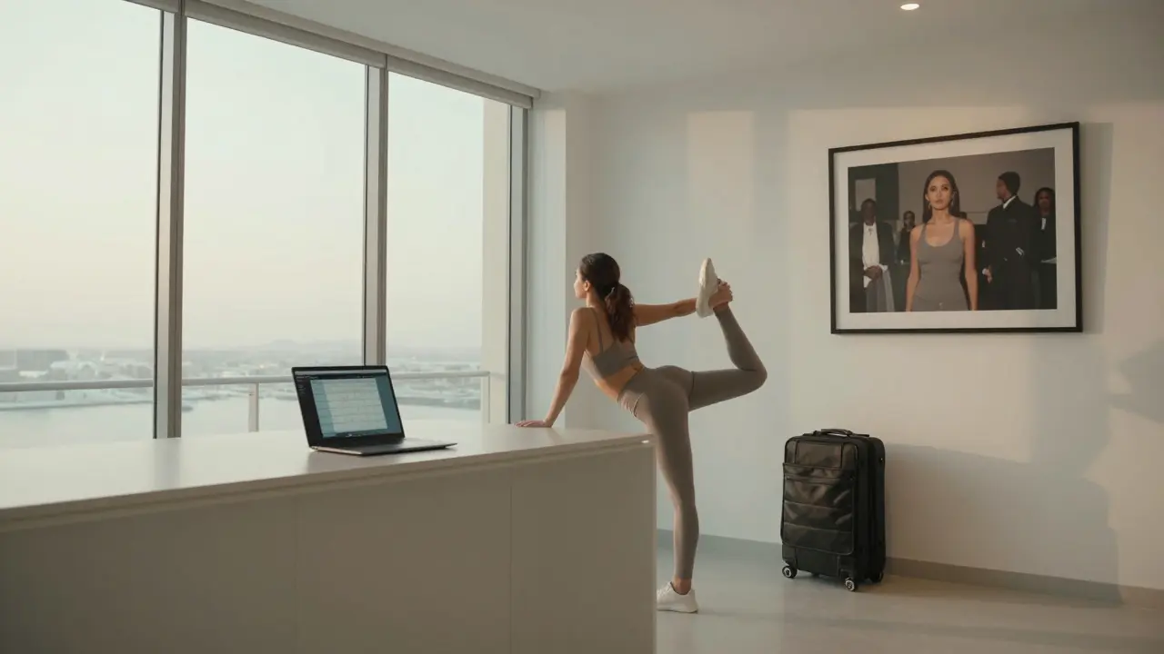 A woman stretches in a pristine Dubai Marina apartment at dawn, surrounded by a packed suitcase and calendar of appointments.