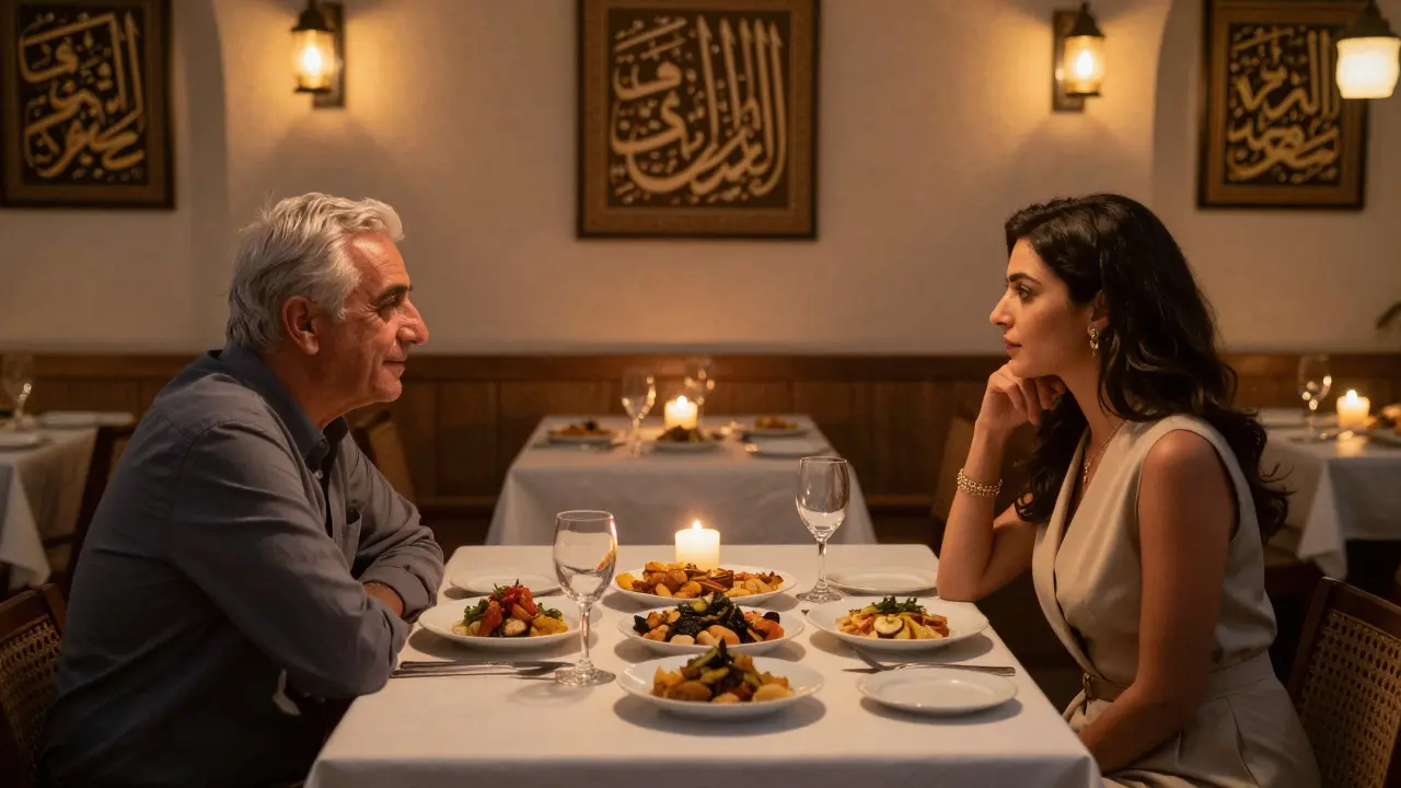 An elderly man and a woman sharing a quiet dinner at a Jumeirah restaurant with candlelight and Arabic decor.