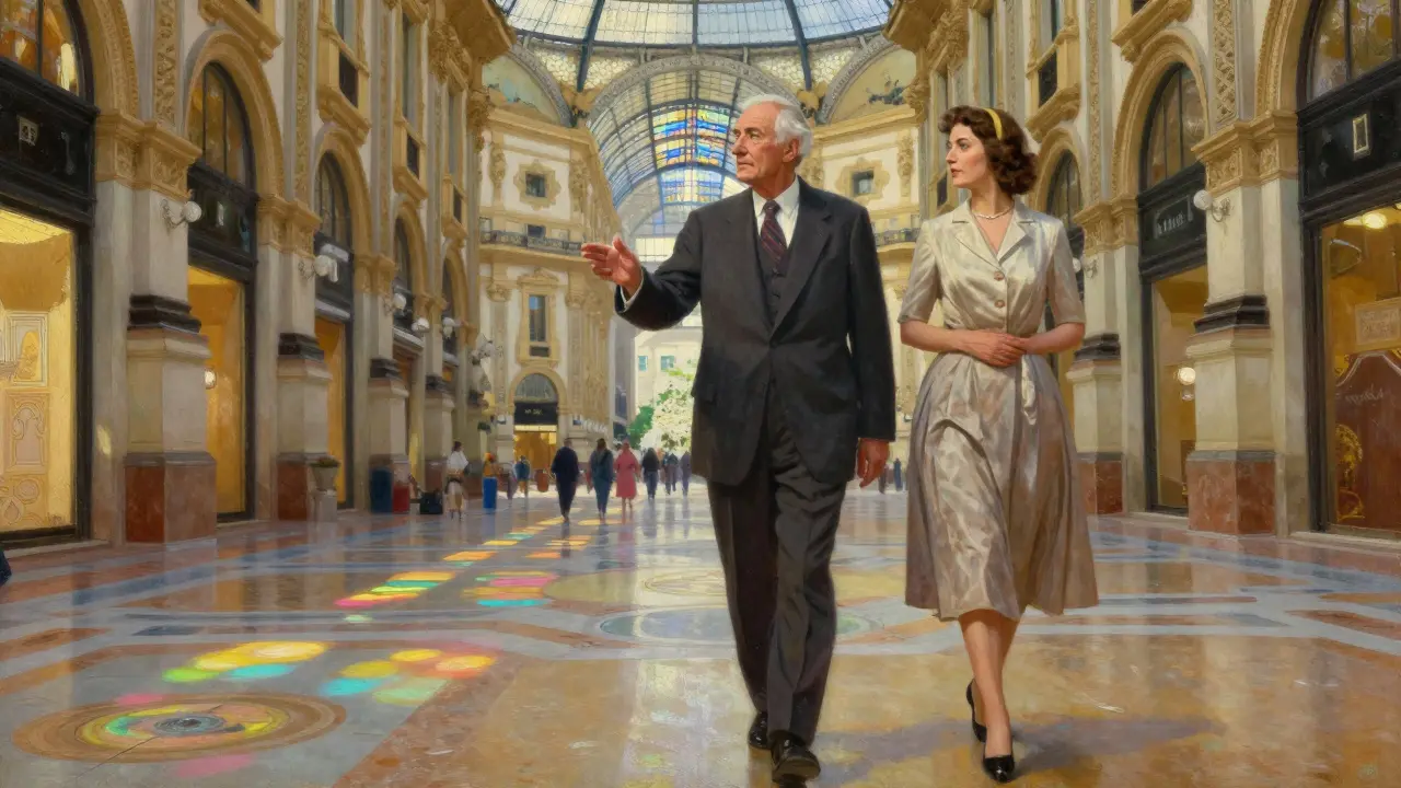 An elderly man and his companion walk through the Galleria Vittorio Emanuele II, admiring stained glass under sunlight.