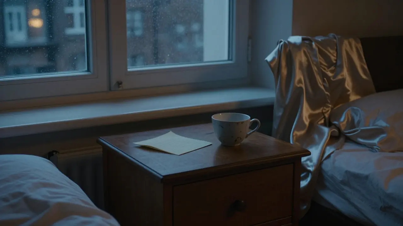 An empty nightstand with a folded note and teacup, a silk dress on a chair — the quiet aftermath of human connection.