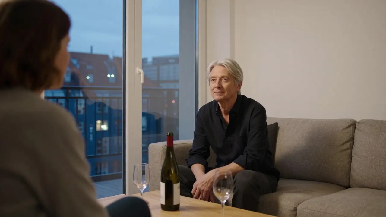 An older escort and client sitting calmly together in a cozy apartment, no sexual activity.