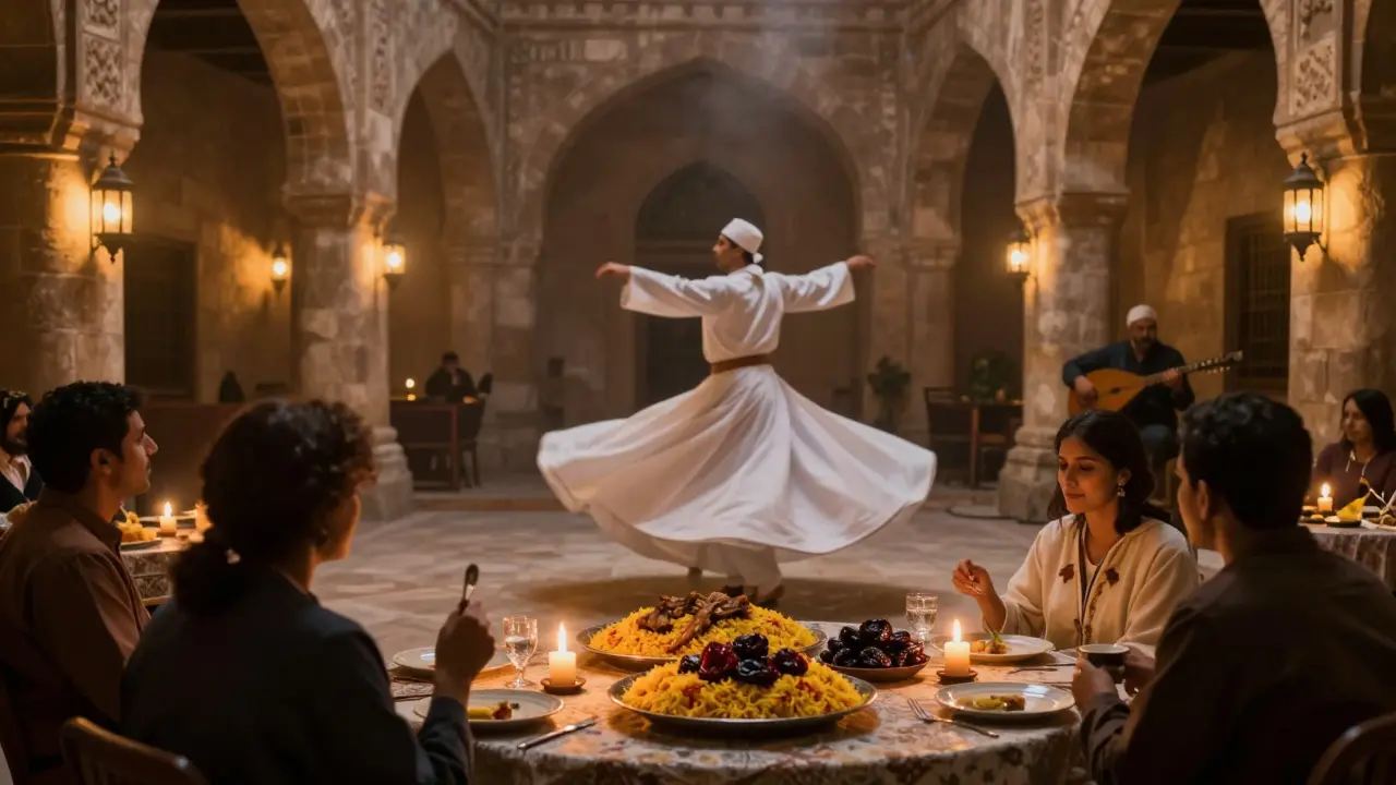 Asitane's courtyard at night with a Sufi dervish spinning, candlelit tables, and oud player under Ottoman arches.