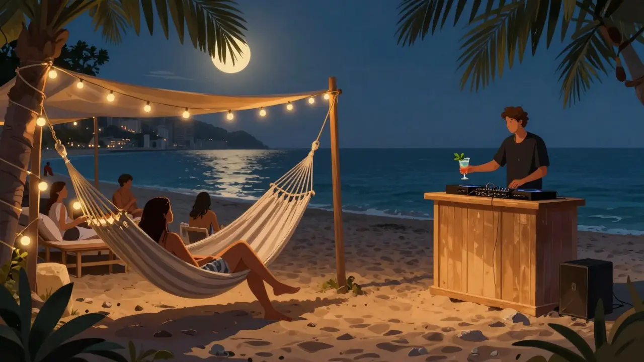 Beachside lounge in Larvotto with hammocks, fairy lights, and patrons relaxing barefoot under the moonlight.