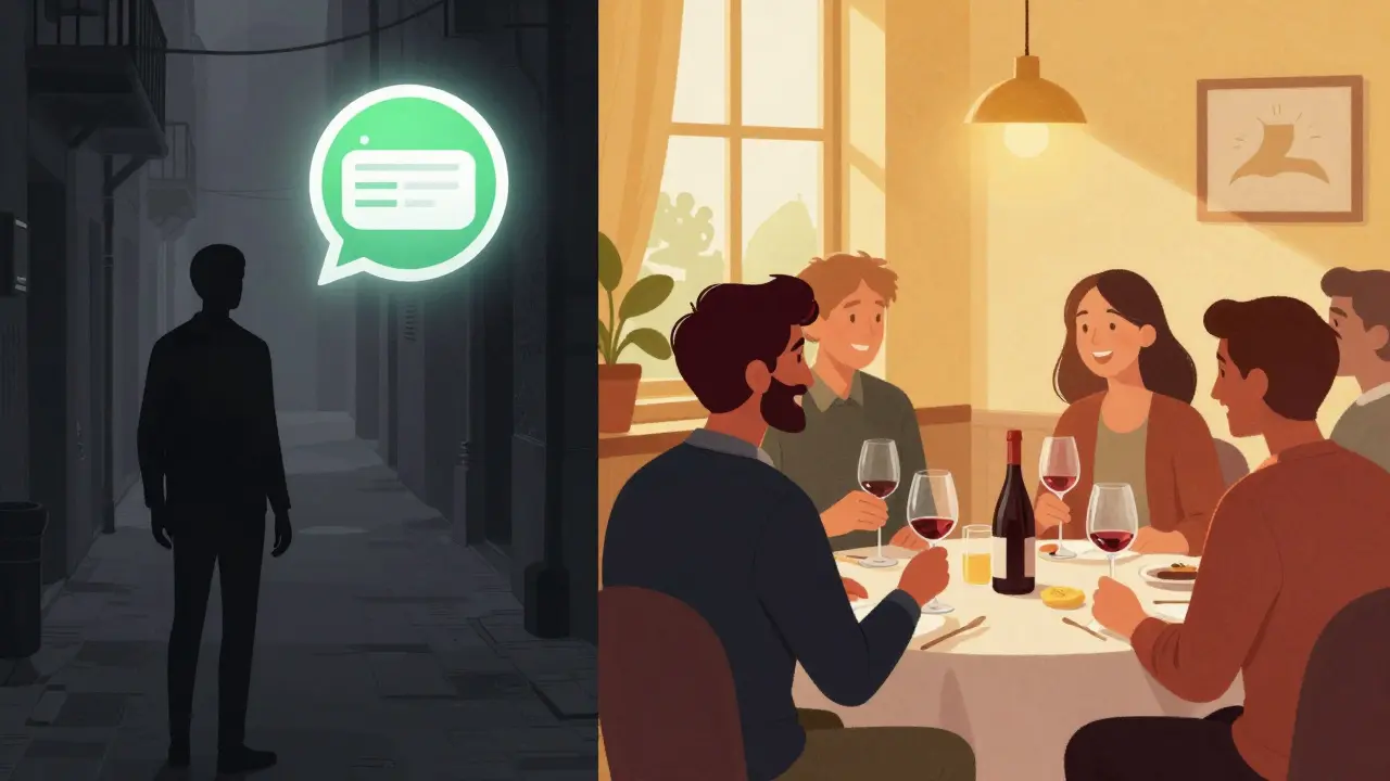 Contrasting scenes: a shadowy digital trap vs. a warm social gathering in Milan.