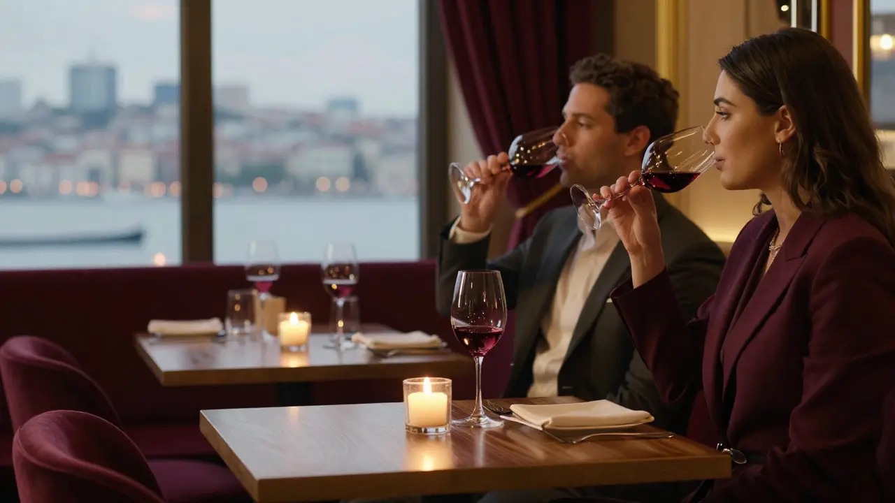 Couple sipping wine at Nişantaşı bar with city views