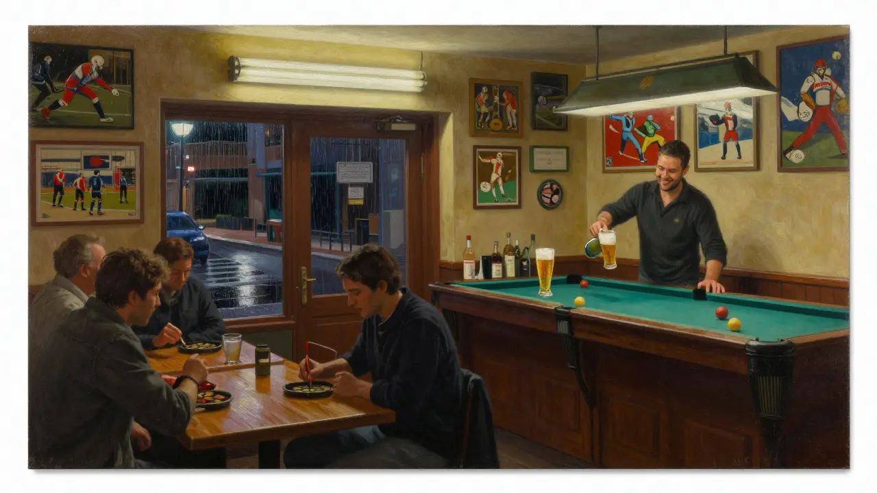 Cozy local bar in Fontvieille with friends playing darts and pool, bathed in warm lamplight late at night.