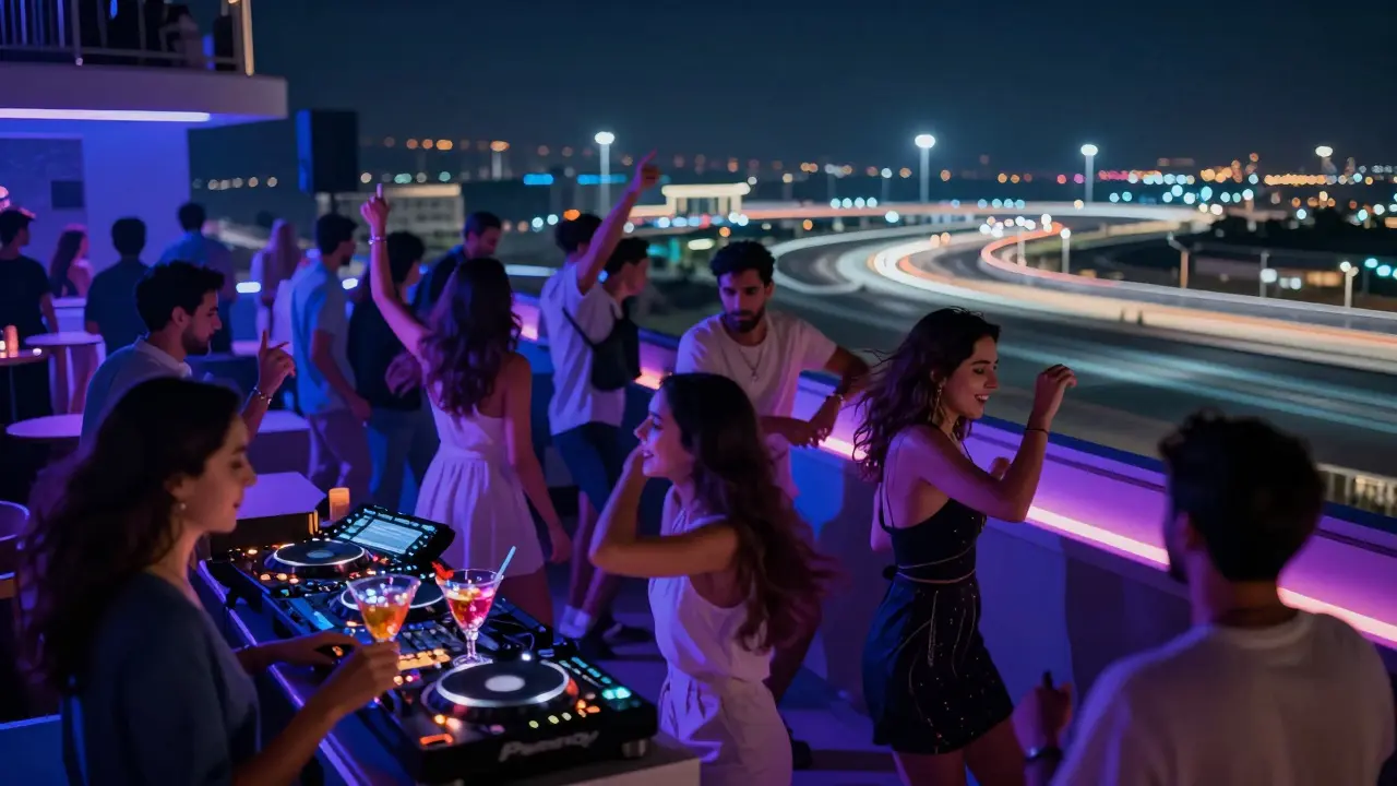 Crowd dancing at a rooftop club on Yas Island with city lights and Formula 1 track in the background.