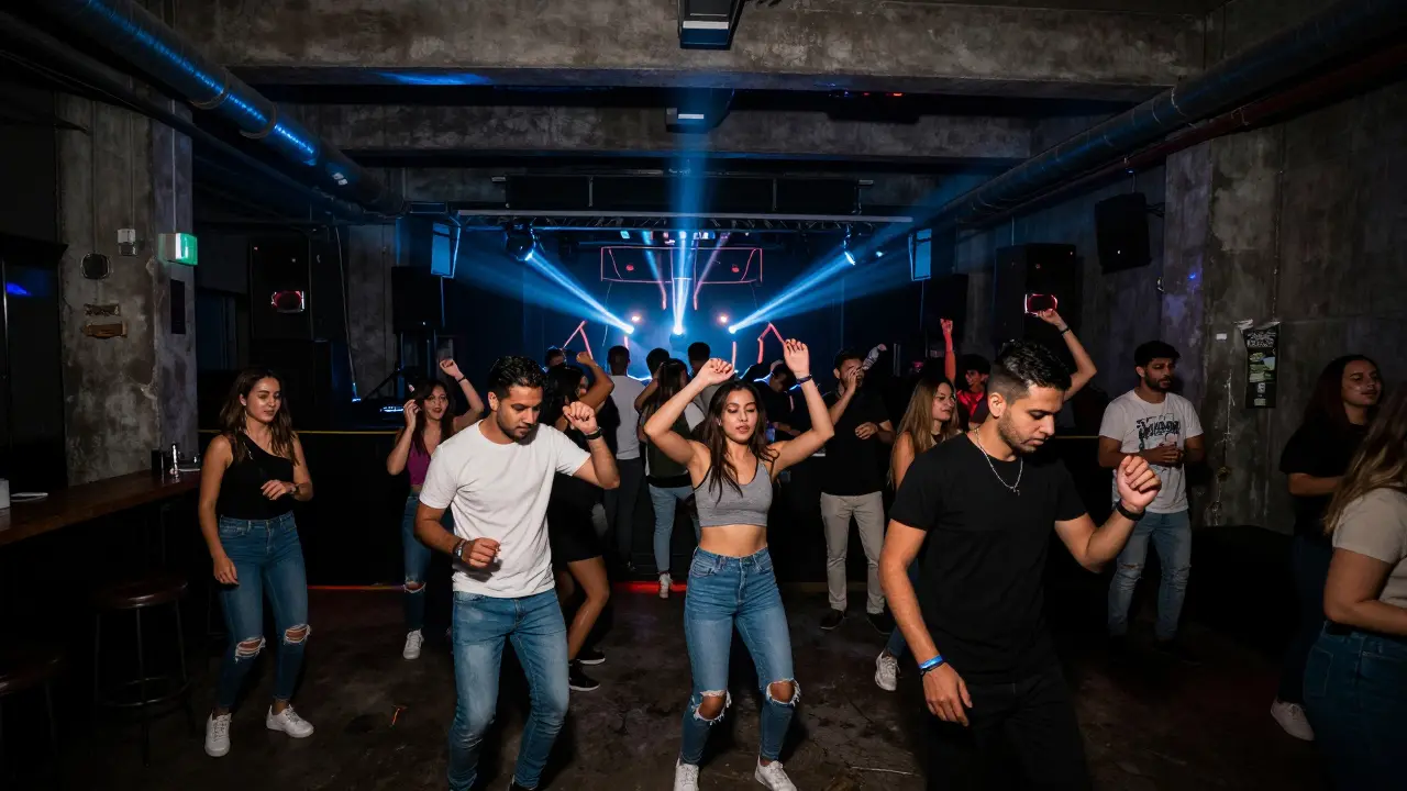 Crowd dancing in a dark underground club with pulsing lights and a massive sound system.